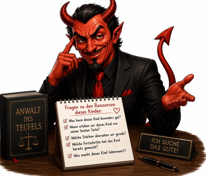 Karikatur „Anwalt des Teufels“: ein Teufel im Anzug neben einem Notizblock mit Fragen zu den Ressourcen eines Kindes, davor das Schild „Ich suche das Gute!“
