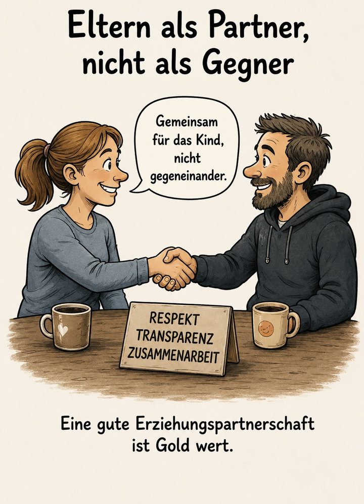 Karikatur „Eltern als Partner, nicht als Gegner“: eine Mutter und ein Pädagoge geben sich die Hand, auf dem Tisch ein Schild mit Respekt, Transparenz, Zusammenarbeit. Untertitel: Eine gute Erziehungspartnerschaft ist Gold wert.