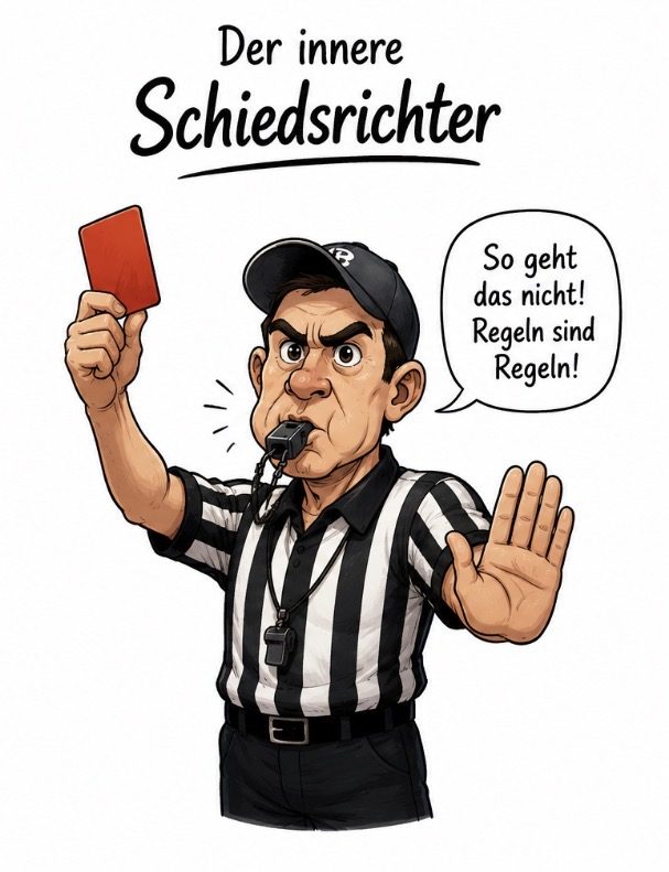 Karikatur „Der innere Schiedsrichter“: ein Schiedsrichter zeigt die rote Karte und sagt „So geht das nicht! Regeln sind Regeln!“