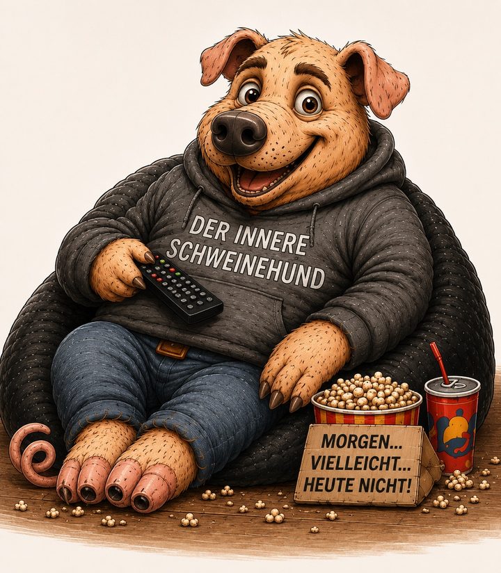 Karikatur „Der innere Schweinehund“: ein gemütliches Schwein im Kapuzenpulli mit Chips und Fernbedienung denkt „Komm schon … nur noch eine Folge … danach bestimmt!“