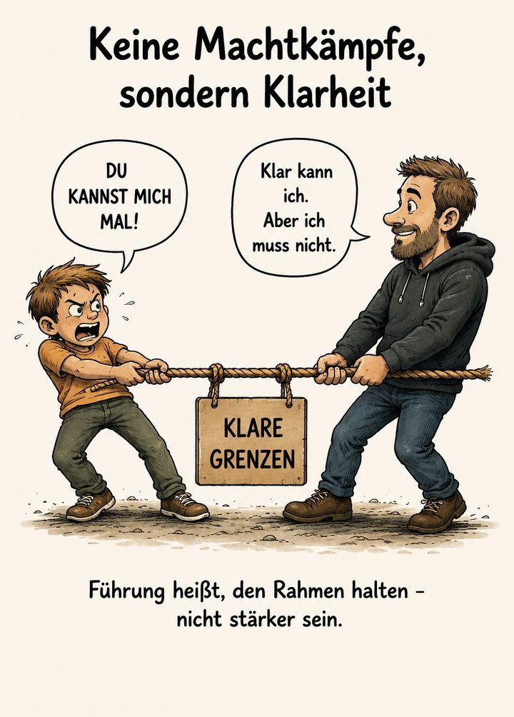 Karikatur „Keine Machtkämpfe, sondern Klarheit“: ein wütender Junge („Du kannst mich mal!“) und ein gelassener Erwachsener („Klar kann ich. Aber ich muss nicht.“) ziehen an einem Seil mit dem Schild „Klare Grenzen“. Untertitel: Führung heißt, den Rahmen halten, nicht stärker sein.