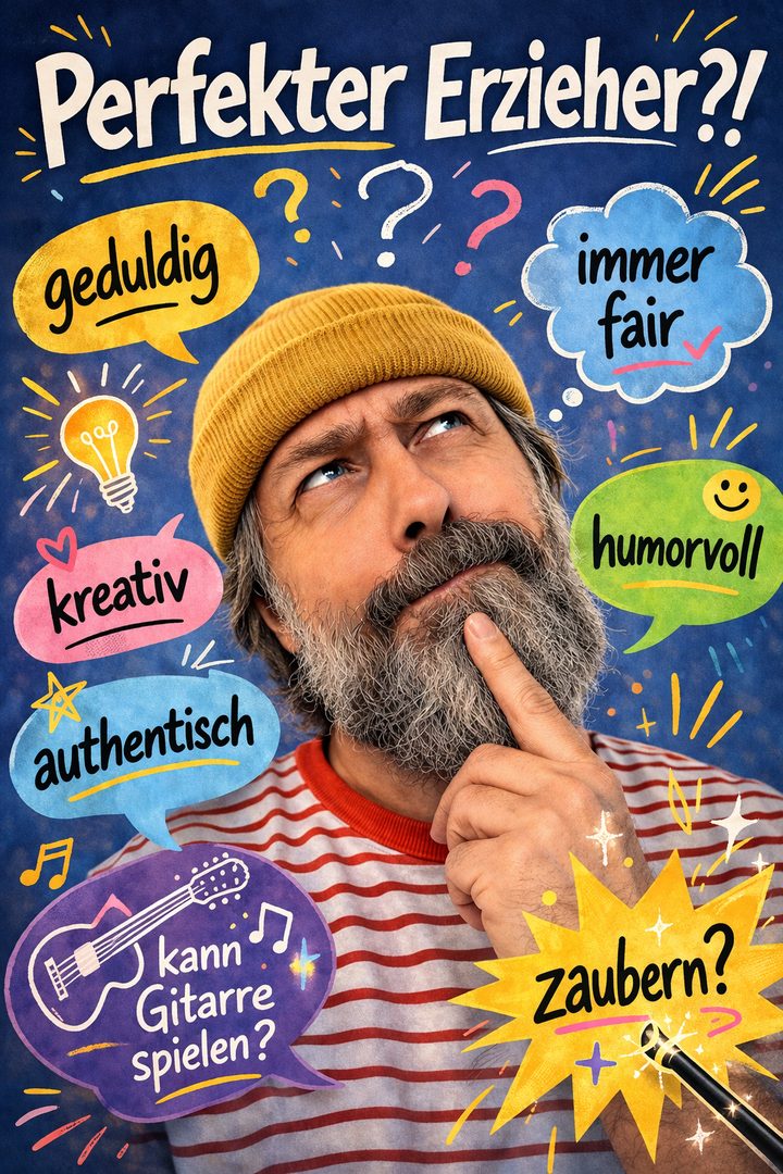 Plakat „Perfekter Erzieher?!“: ein Mann mit Mütze schaut nachdenklich, umgeben von Begriffen wie geduldig, immer fair, kreativ, authentisch, humorvoll, „kann Gitarre spielen?“ und „zaubern?“
