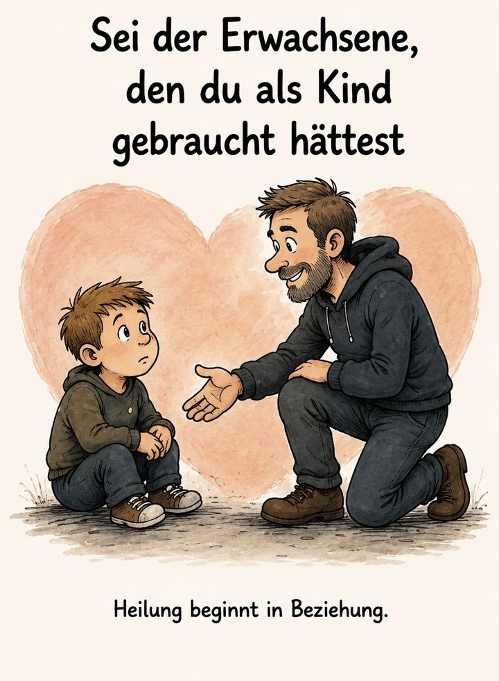 Karikatur „Sei der Erwachsene, den du als Kind gebraucht hättest“: ein Erwachsener kniet vor einem Jungen und reicht ihm die Hand, dahinter ein Herz. Untertitel: Heilung beginnt in Beziehung.
