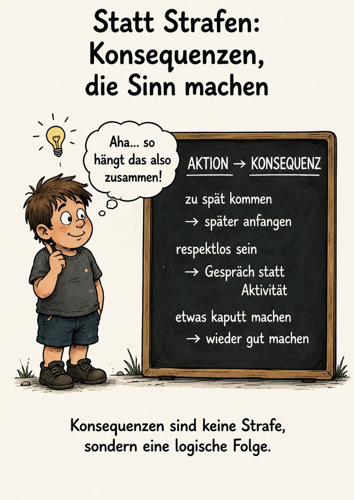 Karikatur „Statt Strafen: Konsequenzen, die Sinn machen“: ein Junge vor einer Tafel mit Beispielen wie „zu spät kommen, dann später anfangen“. Untertitel: Konsequenzen sind keine Strafe, sondern eine logische Folge.