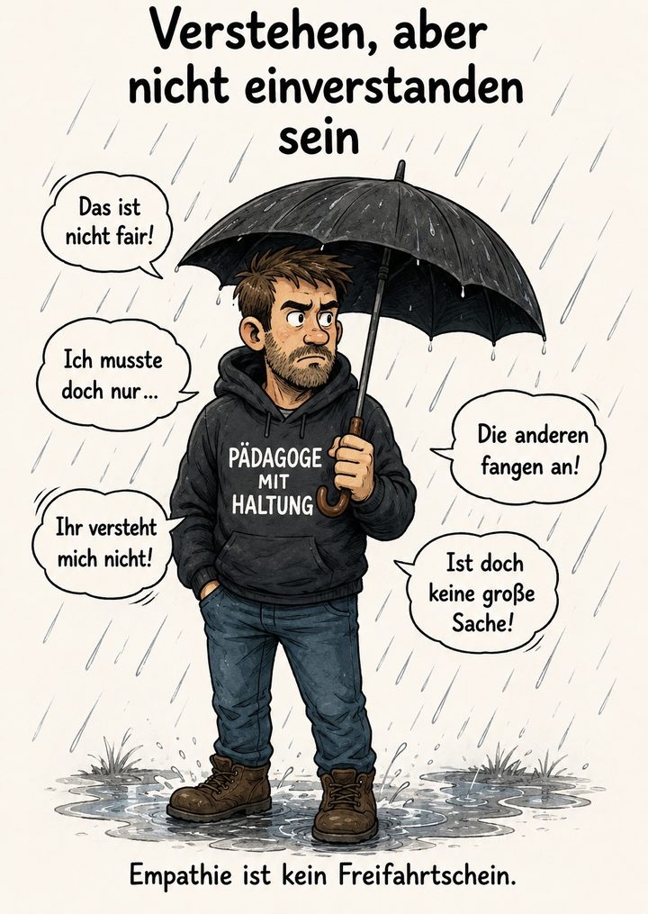 Karikatur „Verstehen, aber nicht einverstanden sein“: ein Pädagoge mit Regenschirm im Regen aus Ausreden. Untertitel: Empathie ist kein Freifahrtschein.
