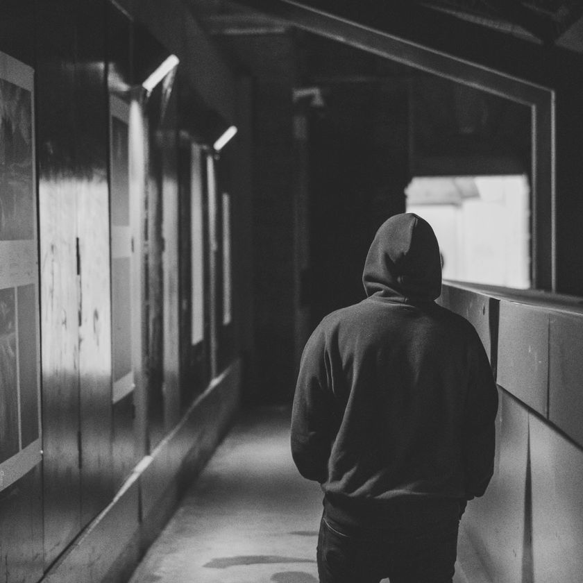 Jugendlicher mit Kapuze geht einen langen Gang entlang